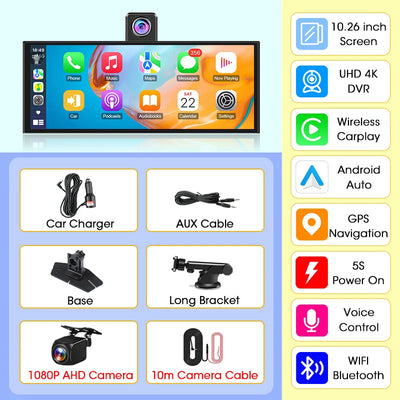 Dashcam 4K CarPlay Écran Rotatif 10,26 Pouces