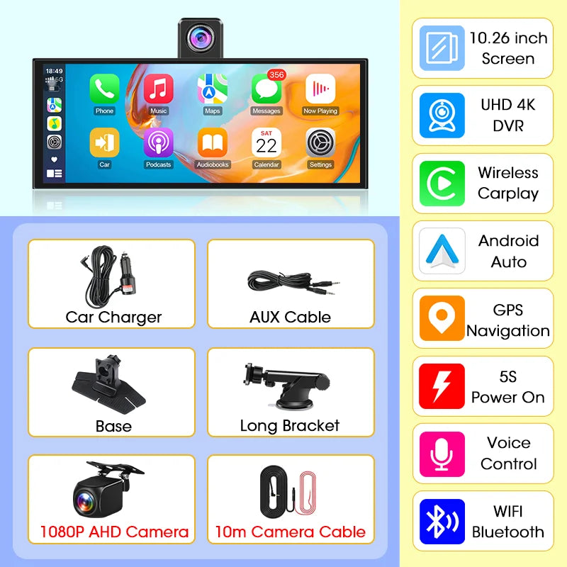 Dashcam 4K CarPlay Écran Rotatif 10,26 Pouces