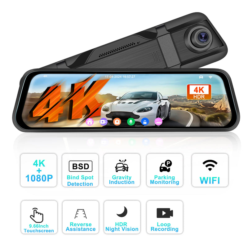 Dashcam Miroir Podofo 4K Écran Tactile 9,66 Pouces avec Caméra de Recul, Vision Nocturne et Surveillance 24 h