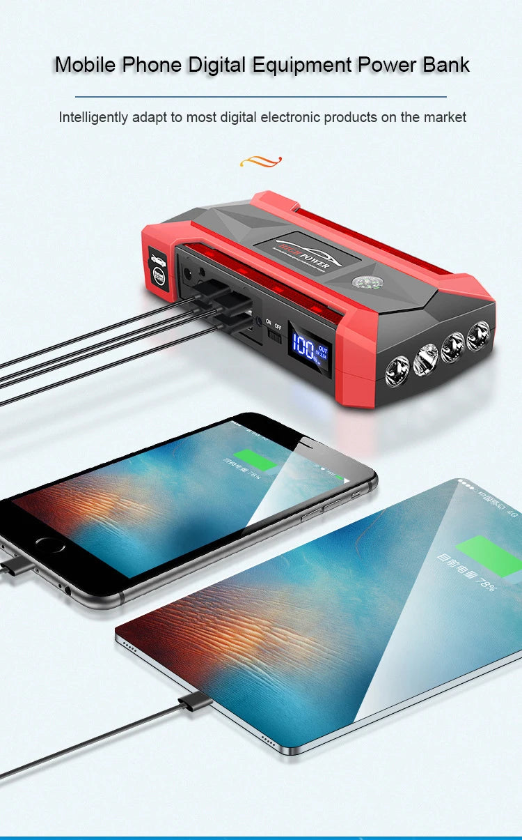 Booster de Batterie Voiture 12V Portable avec Lampe LED et Ports USB