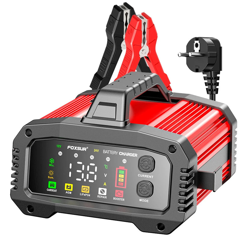 Chargeur de Batterie Voiture FOXSUR 12V 24V 25A avec Fonction Booster