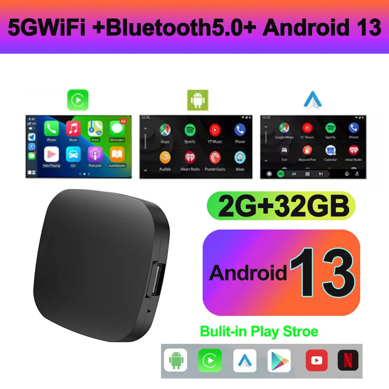 Boîtier CarPlay Android Auto Sans Fil AI Box Android 13 Bluetooth 5.0 GPS
