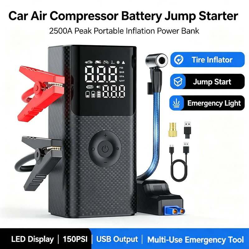Booster de Batterie Voiture 2500A 4 en 1 Compresseur 150 PSI