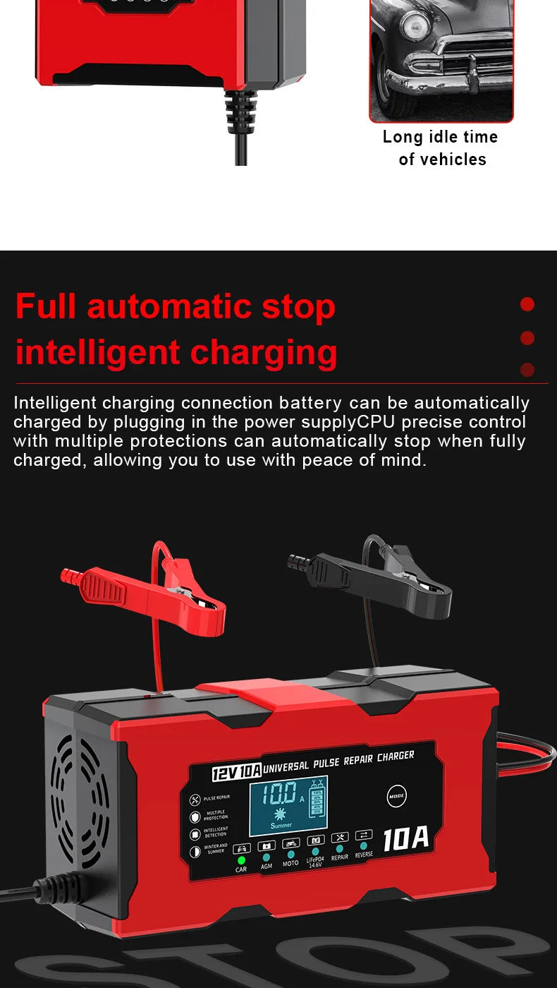 Chargeur de Batterie Voiture 12V 10A Intelligent LiFePO4 AGM Gel