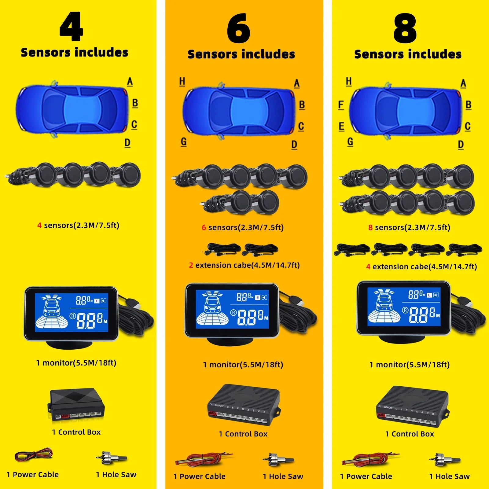 Radar de Recul Écran LCD 4 6 8 Capteurs Universel
