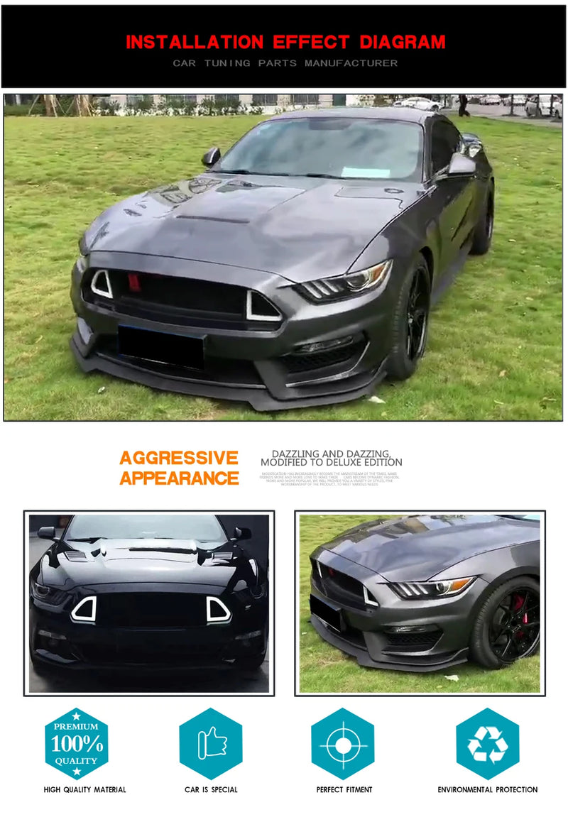 Calandre Ford Mustang 2015-2017 Nid d'Abeille Noir Mat Éclairage LED Style Course