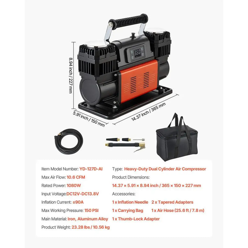 Gonfleur de Pneus 12 V 300 L/min Compresseur d'Air Double Cylindre 1080 W avec Arrêt Automatique pour 4x4