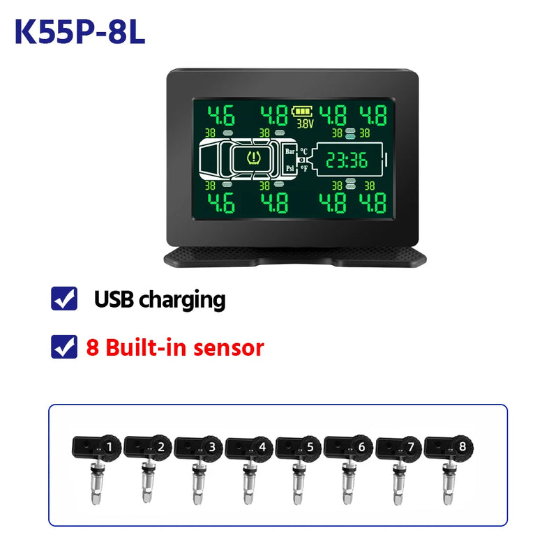 Capteur de Pression des Pneus Solaire TPMS 6 ou 8 Roues Écran LCD
