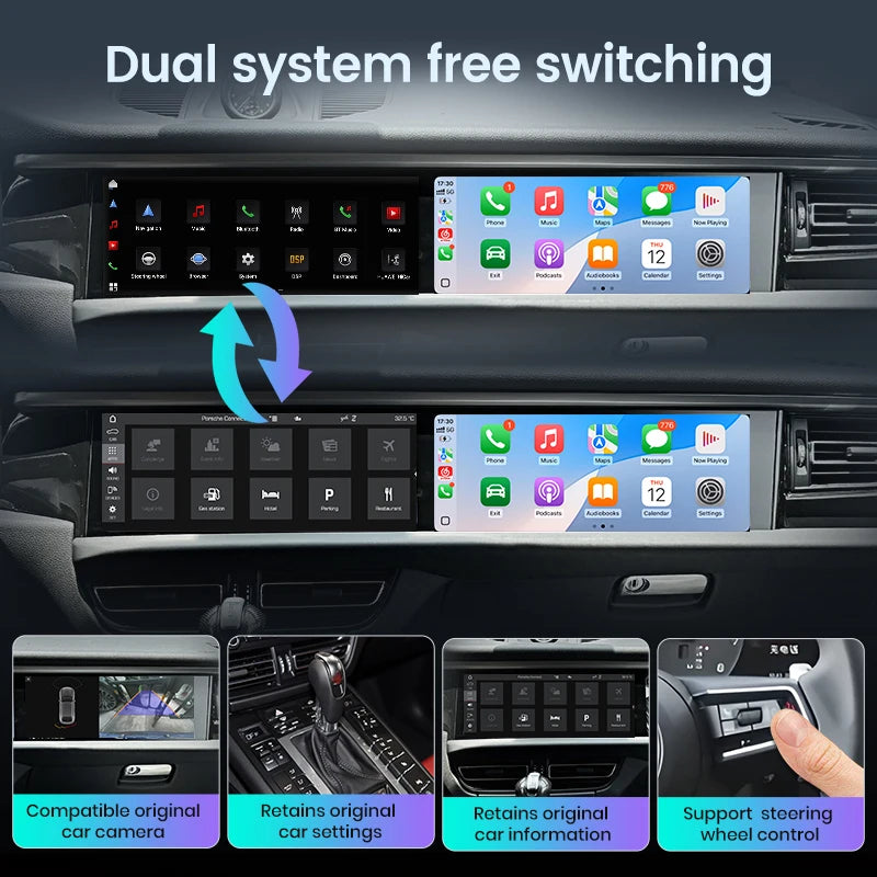 Autoradio Double Écran 12,3 + 12,3 Pouces Porsche Macan 2014-2017 Android CarPlay Sans Fil GPS