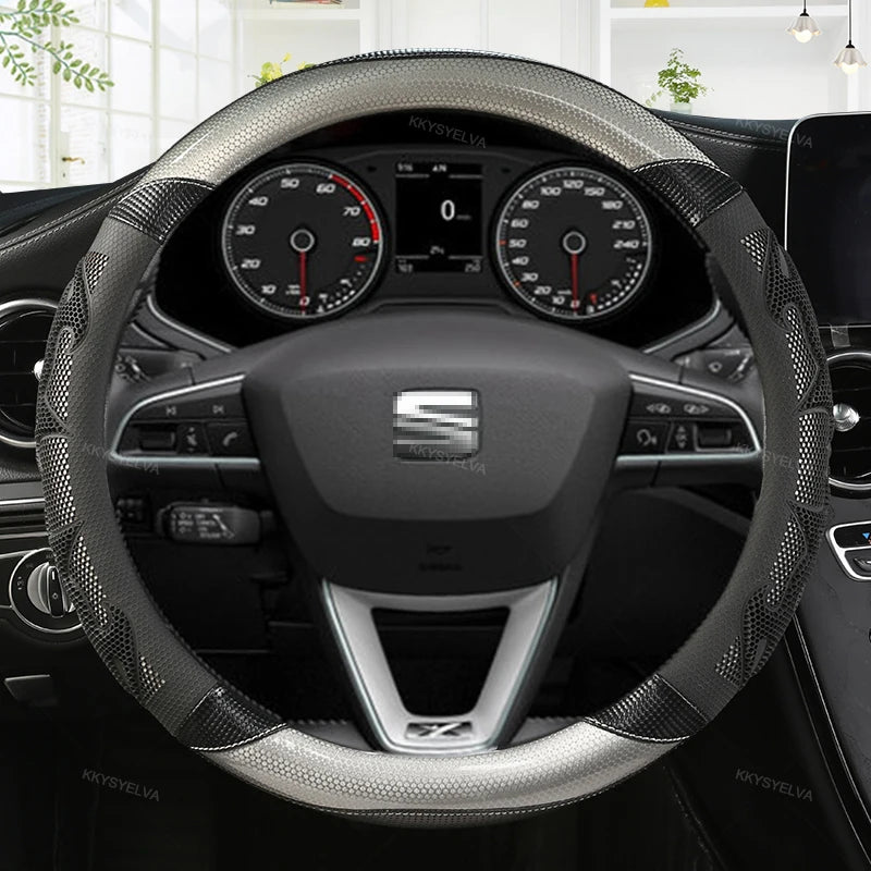 Couvre Volant Seat Leon FR, Ibiza, Arona, Ateca, Tarraco en Cuir Microfibre et Carbone 38 cm
