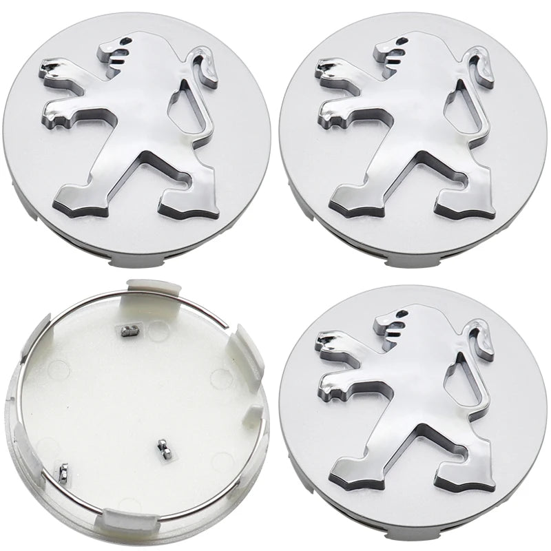 Cache-Moyeux Peugeot 60 mm avec Autocollant Alu, Lot de 4, Six Modèles, Ancien Lion ou Nouveau Blason