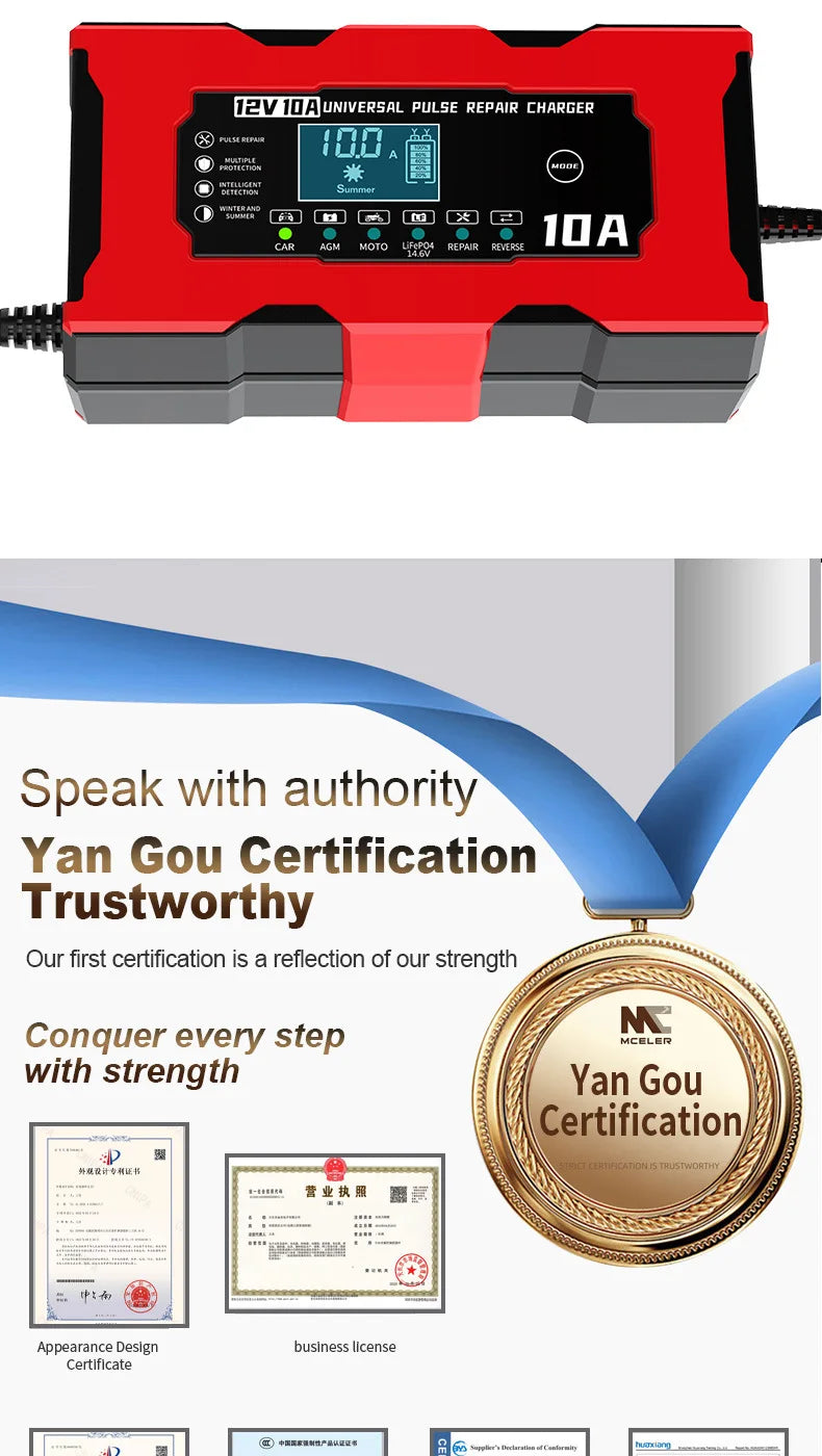 Chargeur de Batterie Voiture 12V 10A Intelligent LiFePO4 AGM Gel