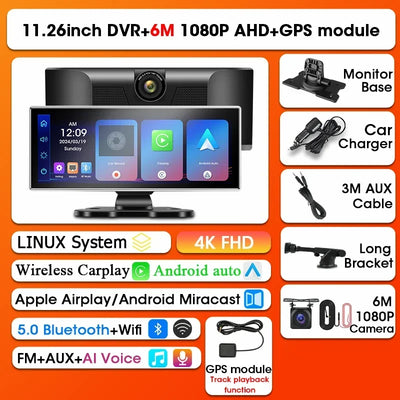 Dashcam Srnubi 11,26 Pouces 4K CarPlay Android Auto
