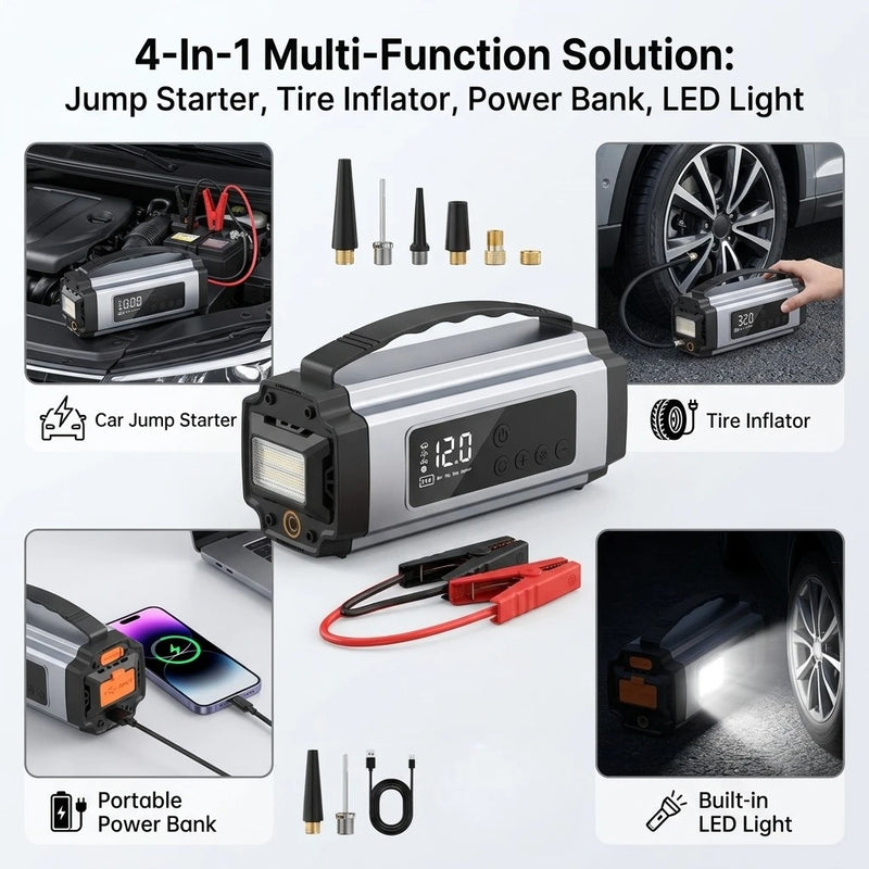 Booster de Batterie Voiture 12V avec Compresseur 150 PSI Écran Numérique