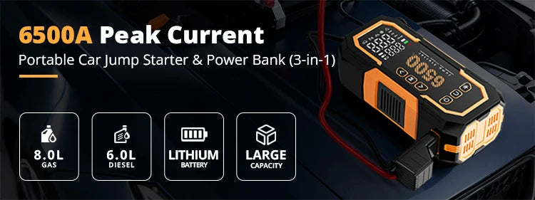Booster de Batterie Voiture 6500A avec Compresseur 150 PSI 3 en 1