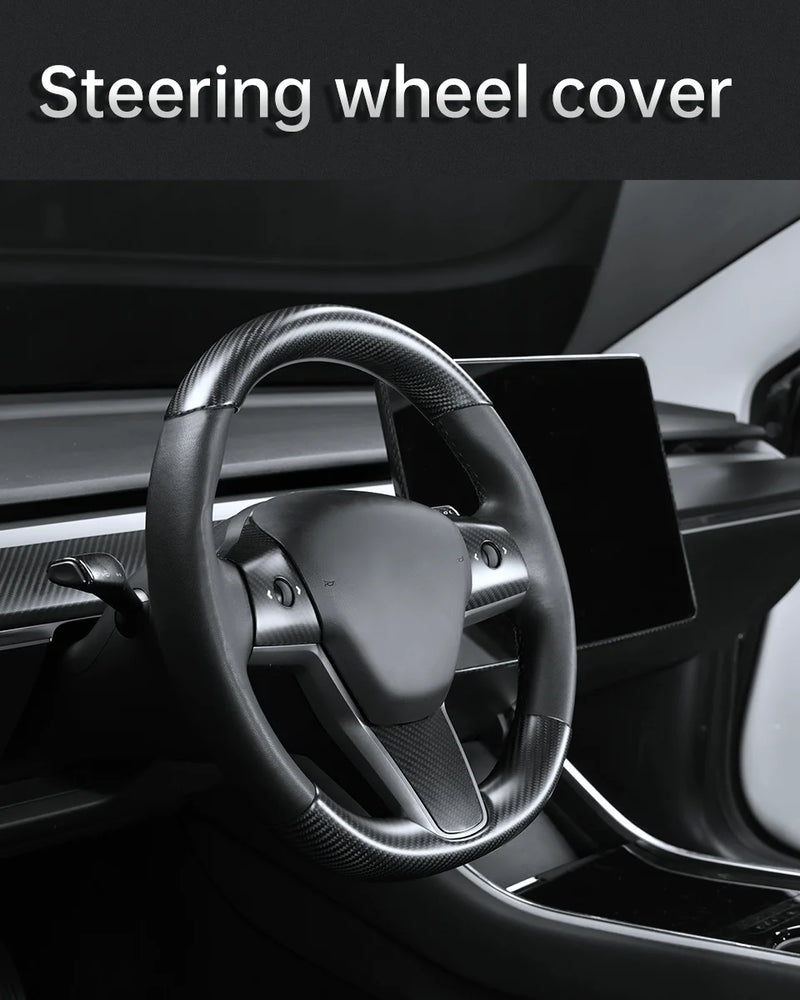Couvre Volant Tesla Model 3 2017-2023 et Model Y 2020-2024 en Fibre de Carbone, Partie Haute ou 2 Pièces