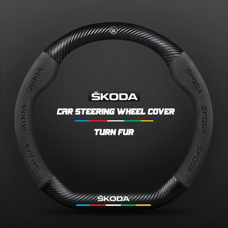 Couvre Volant Skoda Effet Carbone et Suédine, 37-38 cm, Forme D ou O, Octavia, Kodiaq, Karoq, Superb