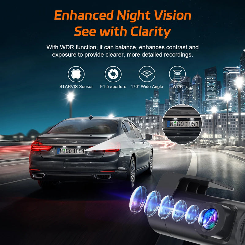 Dashcam 4K UHD Wi-Fi avec GPS, Caméra de Recul 4K en Option, Vision Nocturne et Surveillance de Stationnement 24 h