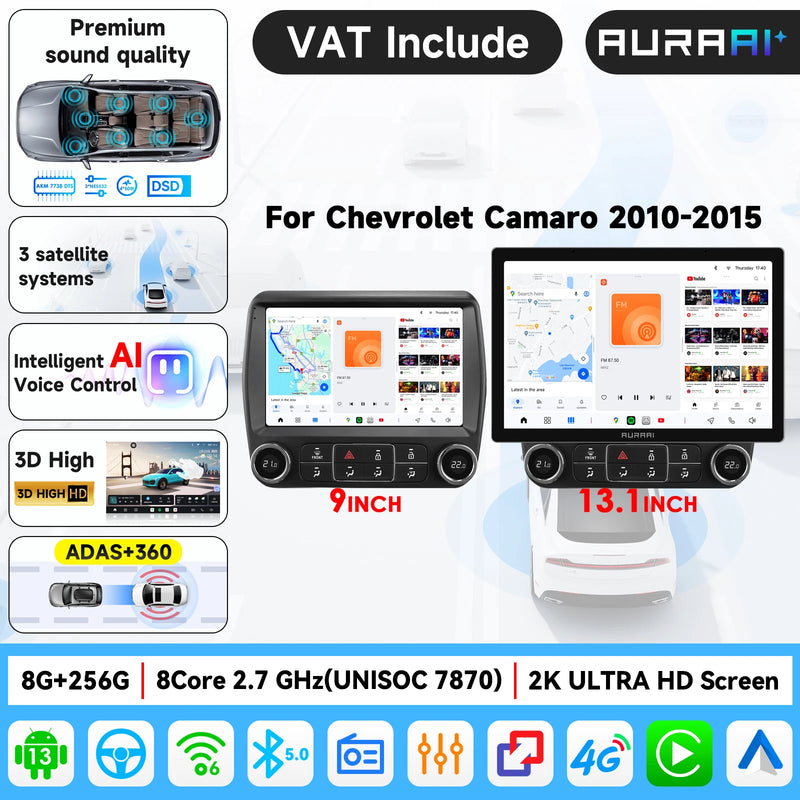 Autoradio Android Chevrolet Camaro 2010-2015 Écran 2K 9 pouces CarPlay Sans Fil ADAS 360