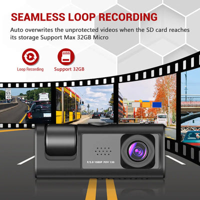 Dashcam 3 Caméras 1080P Écran IPS 2 Pouces