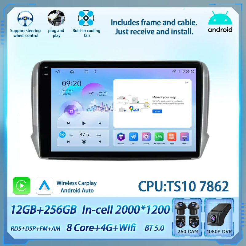 Autoradio CarPlay Peugeot 208 2008 2012-2018 Android Écran Tactile