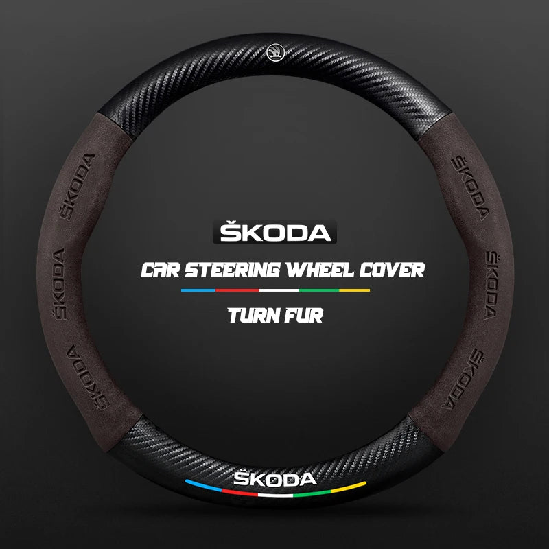 Couvre Volant Skoda Effet Carbone et Suédine, 37-38 cm, Forme D ou O, Octavia, Kodiaq, Karoq, Superb