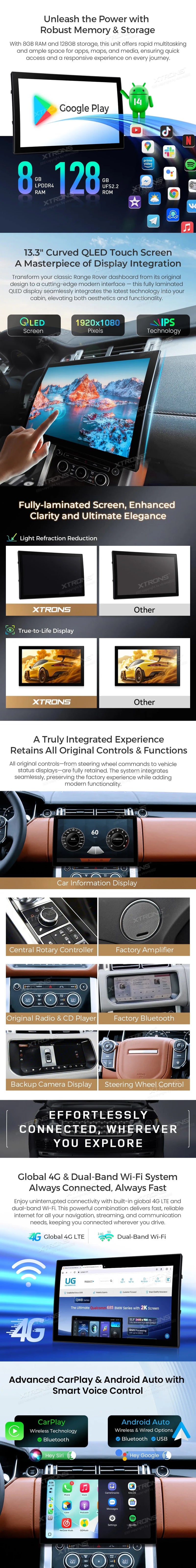 Autoradio XTRONS Android 14 Range Rover L405 et Sport L494 2013-2016 Écran 13,3 Pouces CarPlay Système Bosch