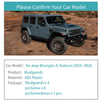 Garde-Boue Jeep Wrangler JL Rubicon 2024-2026 Bavettes 4 Pièces