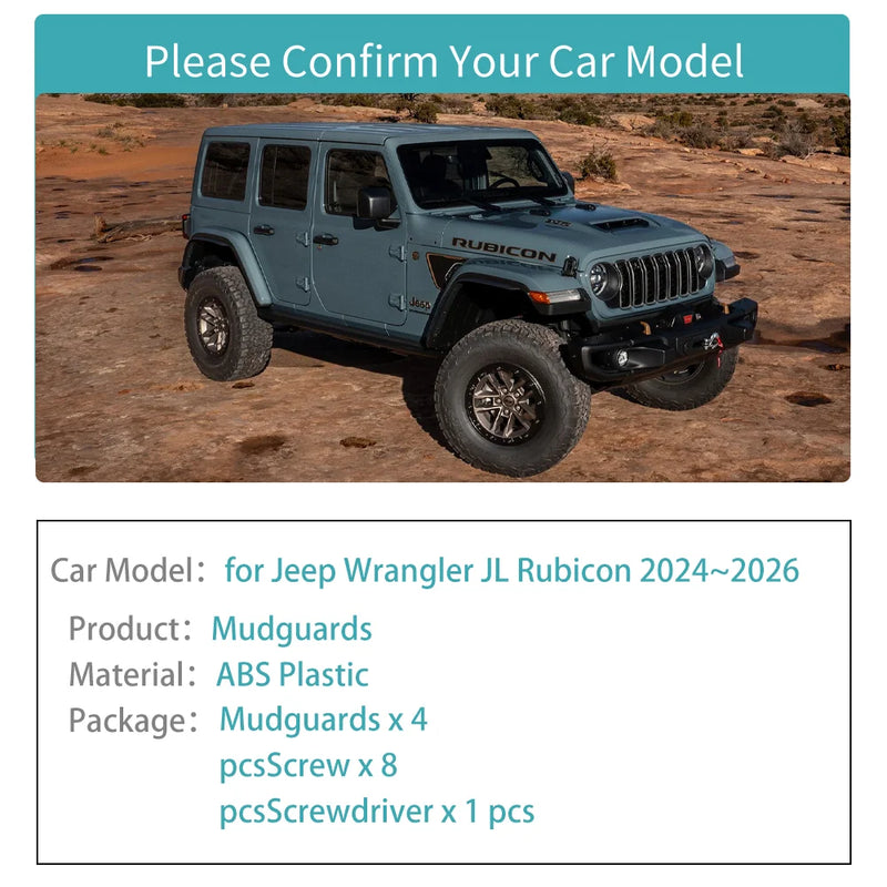 Garde-Boue Jeep Wrangler JL Rubicon 2024-2026 Bavettes 4 Pièces