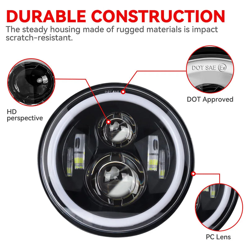 2 Phares LED Ronds 7 Pouces Halo Land Rover Defender Lada Niva Beetle Classique avec Culot H4 et Anneau Ambre