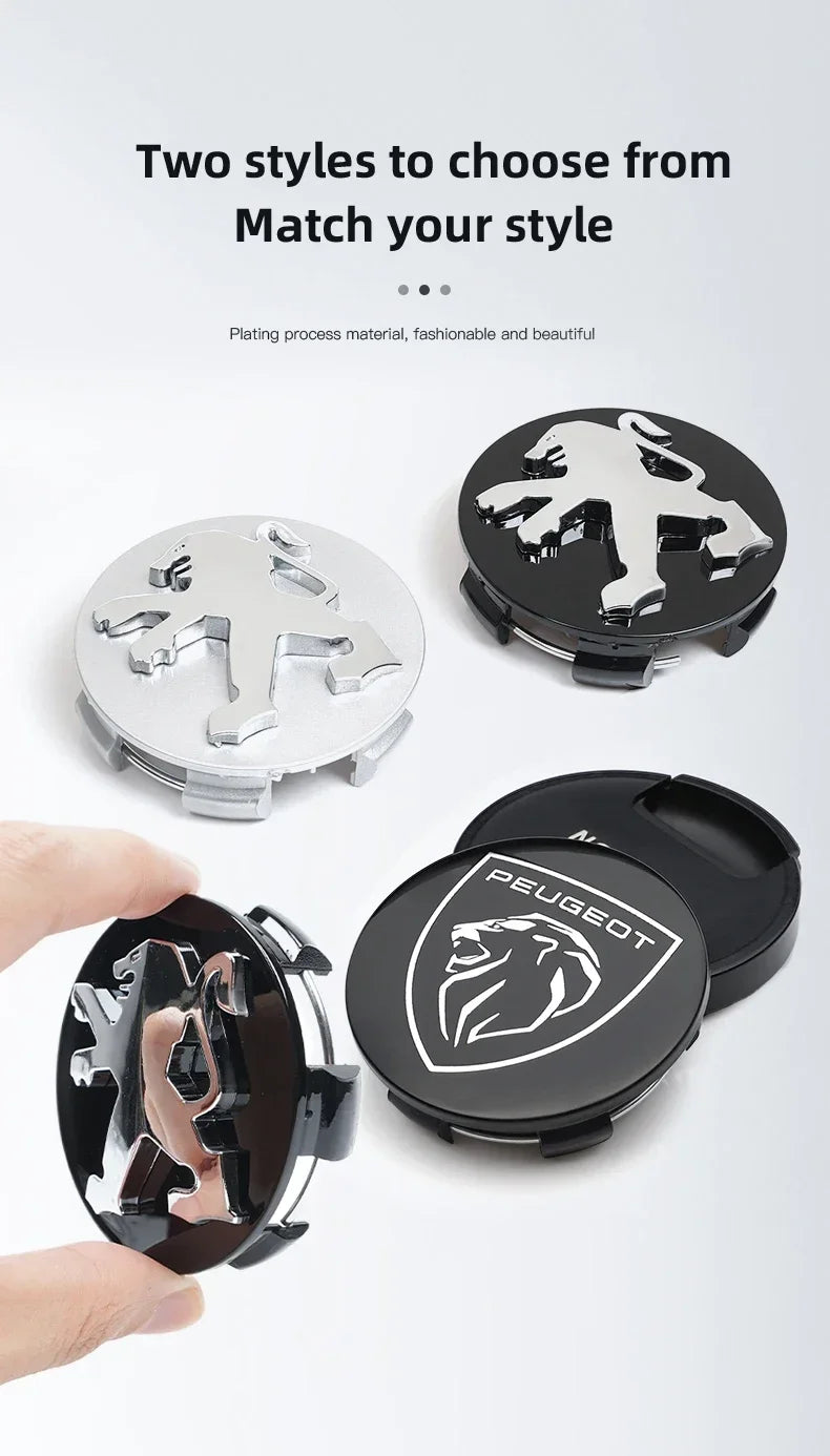 Cache-Moyeux Peugeot 60 mm, Lot de 4, Lion Noir, Argent ou Nouveau Blason, 206 à 508, 2008, 3008, 5008
