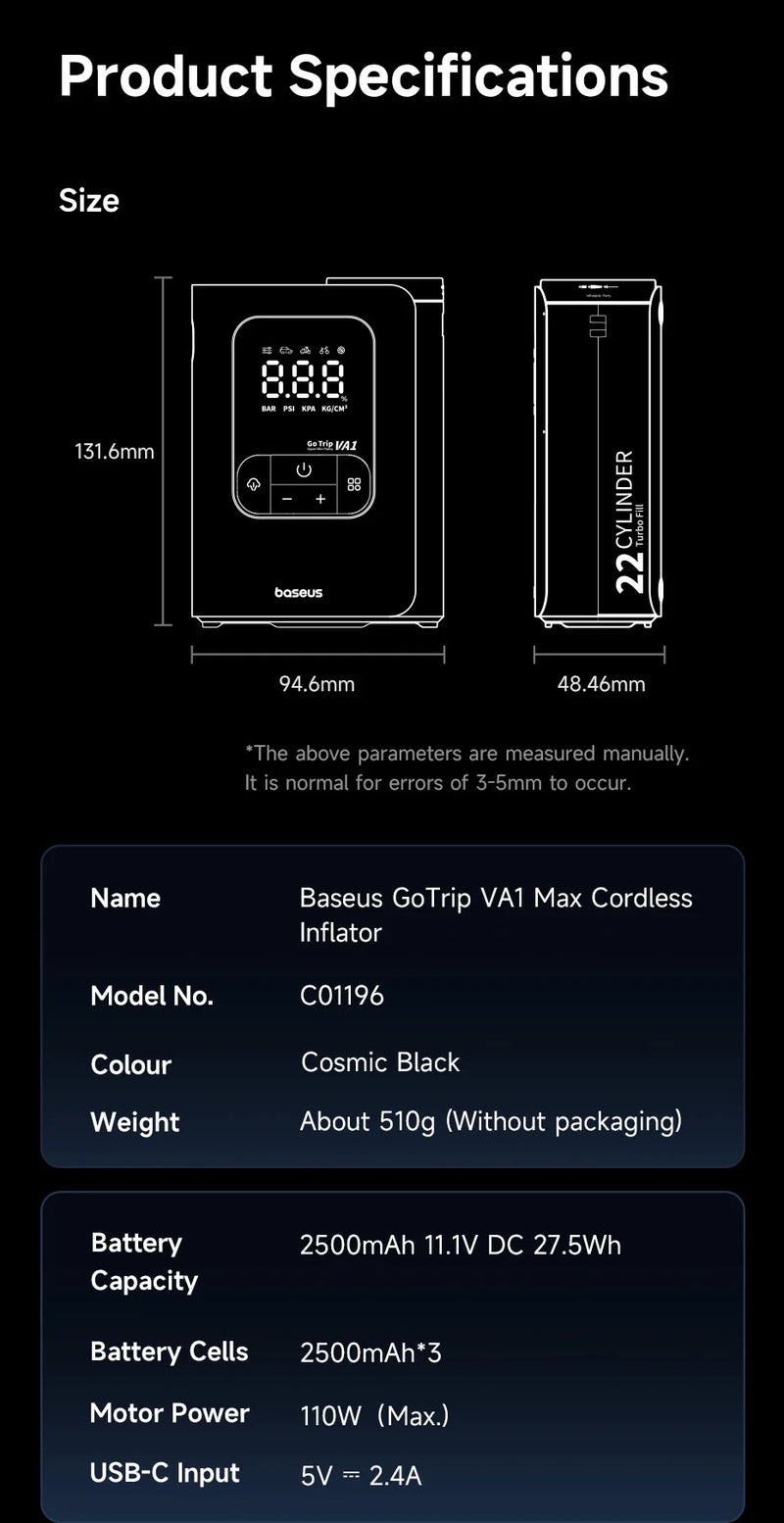 Gonfleur de Pneu Baseus GoTrip VA1 Pro et Max 7500 mAh