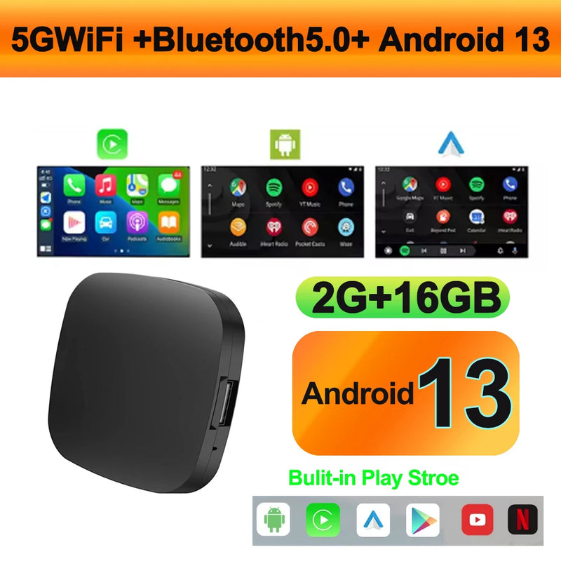 Boîtier CarPlay Android Auto Sans Fil AI Box Android 13 Bluetooth 5.0 GPS