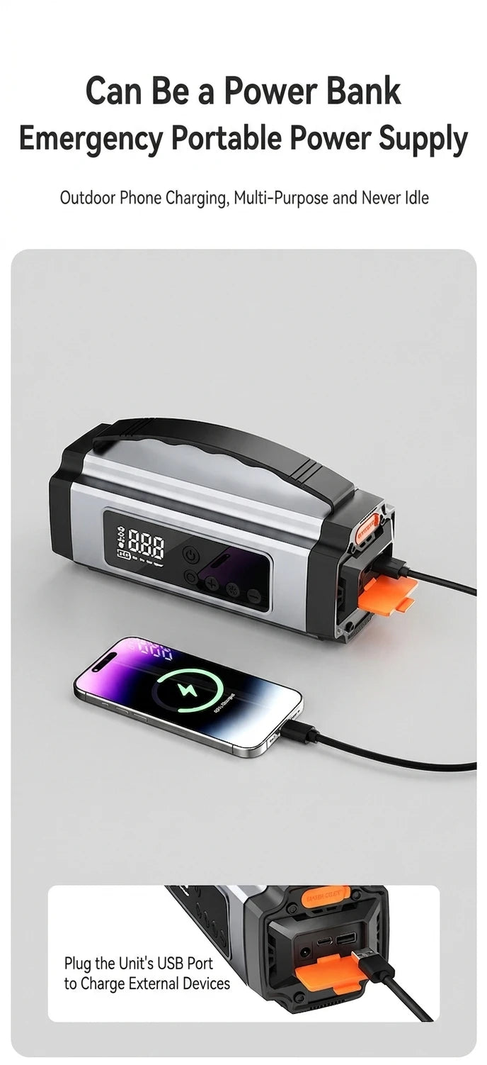 Booster de Batterie Voiture 12V avec Compresseur 150 PSI Écran Numérique