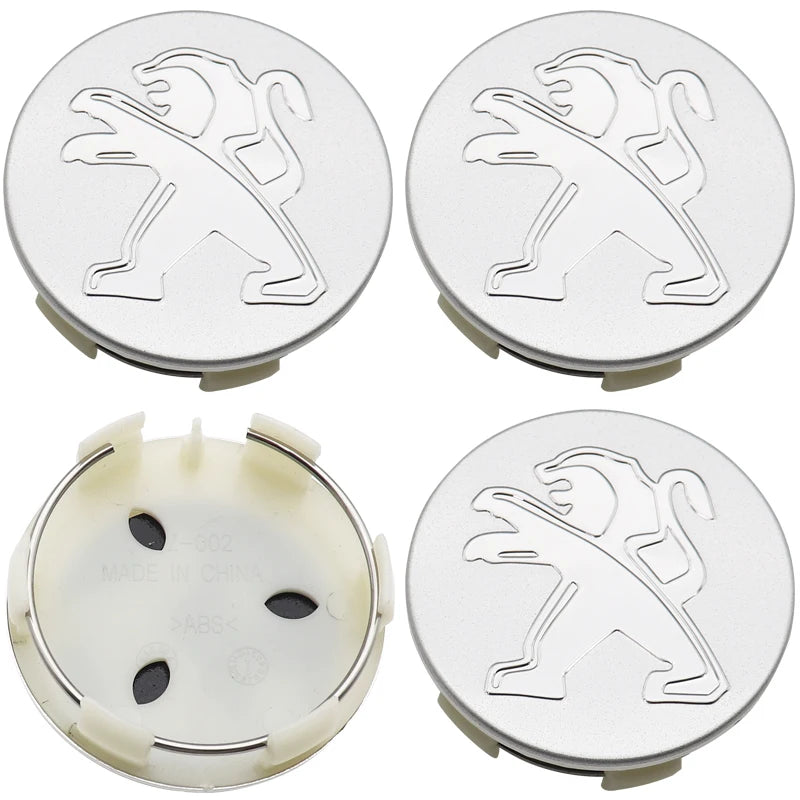 Cache-Moyeux Peugeot 60 mm avec Autocollant Alu, Lot de 4, Six Modèles, Ancien Lion ou Nouveau Blason