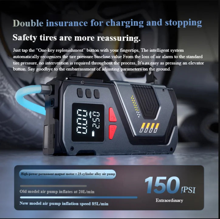 Booster de Batterie Voiture 1000 A 6000 mAh avec Compresseur 150 PSI