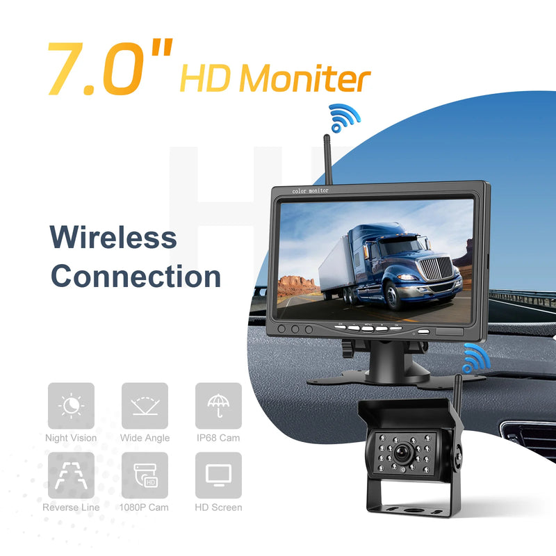 Caméra de Recul Sans Fil Podofo avec Écran 7 Pouces IPS, 1080P, Vision Nocturne et Étanche IP68 pour Camping-Car et Camion