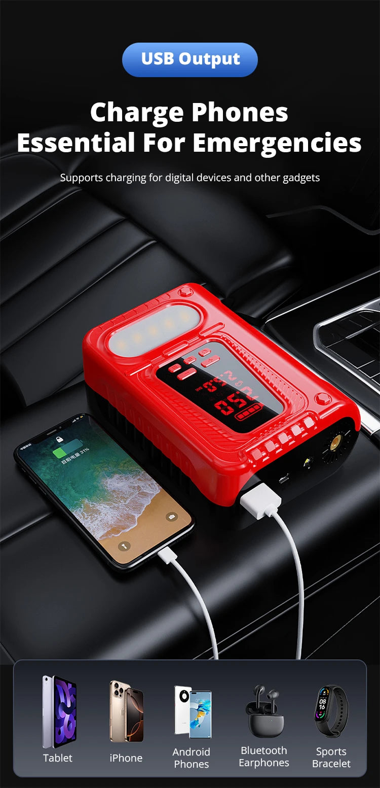 Booster de Batterie Voiture 5000A avec Compresseur 150 PSI Double Écran