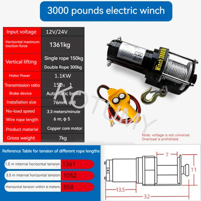Treuil Électrique 3000 lbs 12V 24V 48V 60V