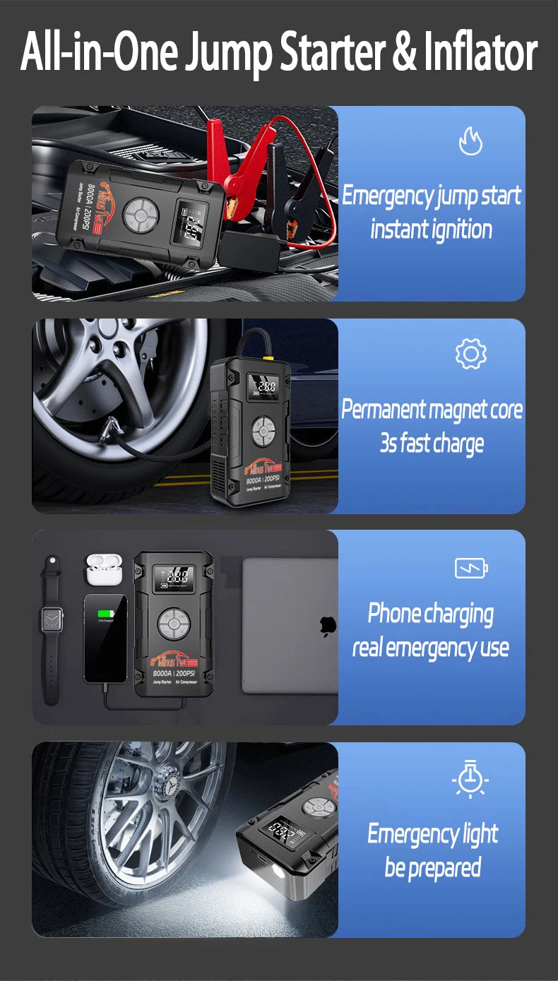 Booster de Batterie Voiture 8000A avec Compresseur 200 PSI