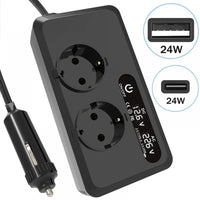 Convertisseur 12V 220V Voiture 200 W Allume-Cigare 2 Prises 2 USB 2 USB-C Écran LCD