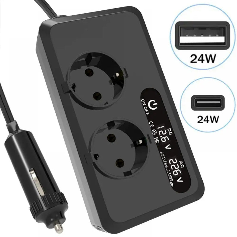 Convertisseur 12V 220V Voiture 200 W Allume-Cigare 2 Prises 2 USB 2 USB-C Écran LCD