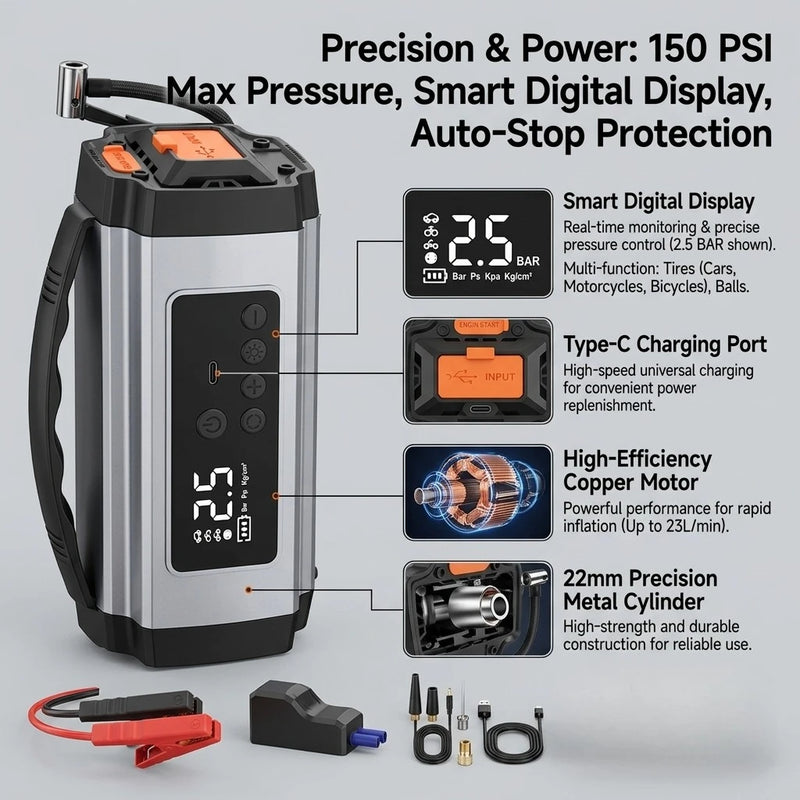 Booster de Batterie Voiture 12V avec Compresseur 150 PSI Écran Numérique