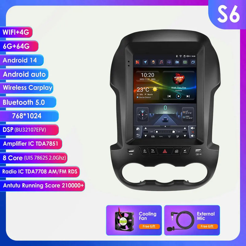Autoradio Android Ford Ranger 2012-2015 Écran Vertical 9,7 Pouces CarPlay Sans Fil GPS DSP