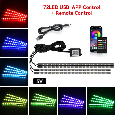 Éclairage d'Ambiance LED RGB 72 Diodes Bluetooth Voiture