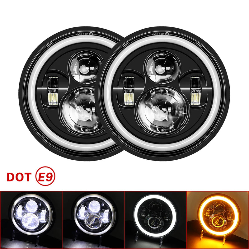 2 Phares LED Ronds 7 Pouces Halo Land Rover Defender Lada Niva Beetle Classique avec Culot H4 et Anneau Ambre