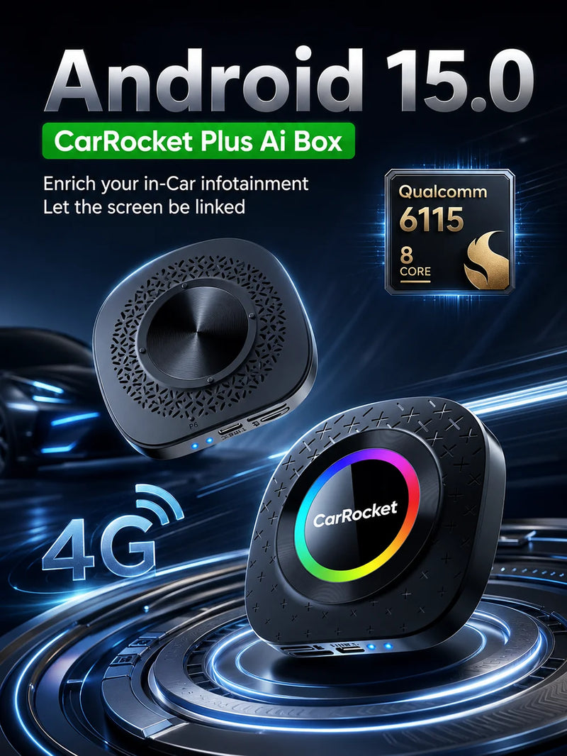 Boîtier CarPlay CarRocket Plus Android 15 4G GPS Sans Fil