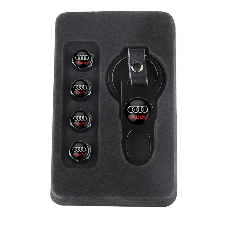Bouchons de Valve Audi Métal Noir avec Porte-Clés Démonte-Valve