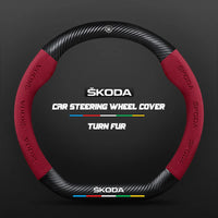 Couvre Volant Skoda Effet Carbone et Suédine, 37-38 cm, Forme D ou O, Octavia, Kodiaq, Karoq, Superb