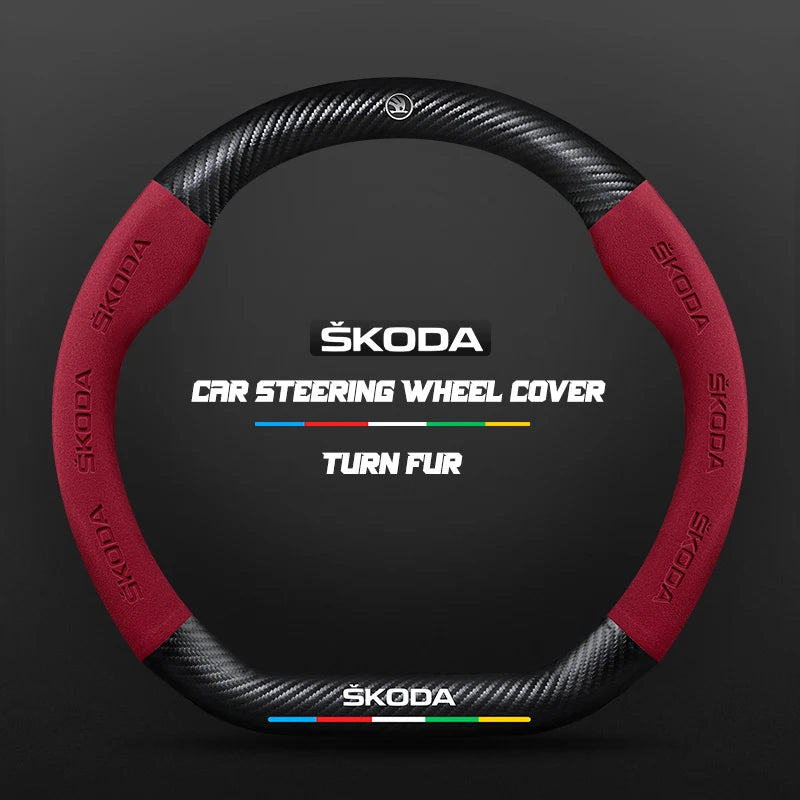 Couvre Volant Skoda Effet Carbone et Suédine, 37-38 cm, Forme D ou O, Octavia, Kodiaq, Karoq, Superb